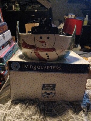 Living Quarters Ceramic Snowman Candy Bowl 7  Trees Snowflakes Bowl Looks New