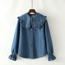 Donna Jeans Camicia Camicetta Balza Volant Colletto Peter Pan Cute Stile Preppy