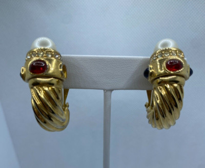 AS IS Vintage Ciner Mogul Glass Cabochon Pearl Rhinestone ClipOn Earrings Signed