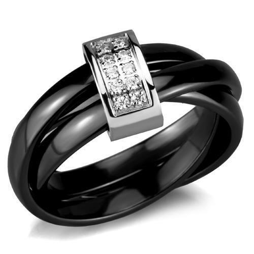 Ladies black ceramic rings band russian cz stainless steel interlocking W950 - Picture 1 of 5