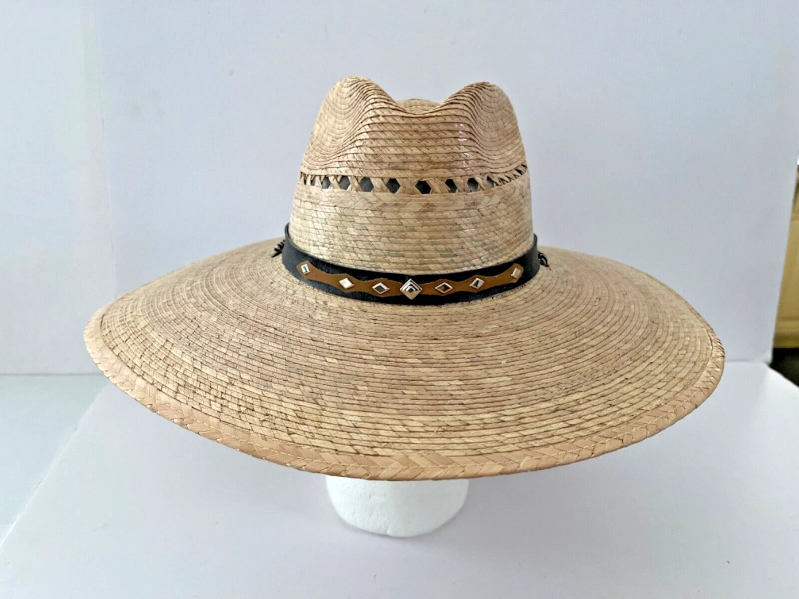 Palm Leaf 4.5" Wide Brim Lifeguard Beach Sun Hat With Chin Strap Size M/LG