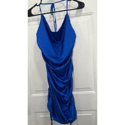 Akira Royal Blue Satin Cowl Neck Ruched Halter Mini Dress Bodycon Cocktail