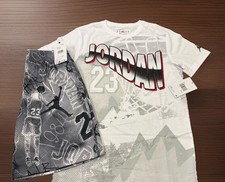 NWT NIKE AIR JORDAN BOY'S 2 PC SET WHITE SHORT SLEEVE  GRAY MESH SHORTS L 12-13