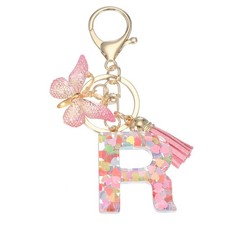 Alphabet Initial Letter Keychain Cute Charm with Tassel Butterfly Letter R Pink