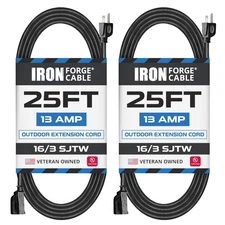 2 Pack of 25 Ft Outdoor Extension Cords - 16/3 Durable Black 3 Prong