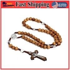 Handmade Wooden Bead Rosary Necklace with St Benedict Crucifix Catholic Pendant