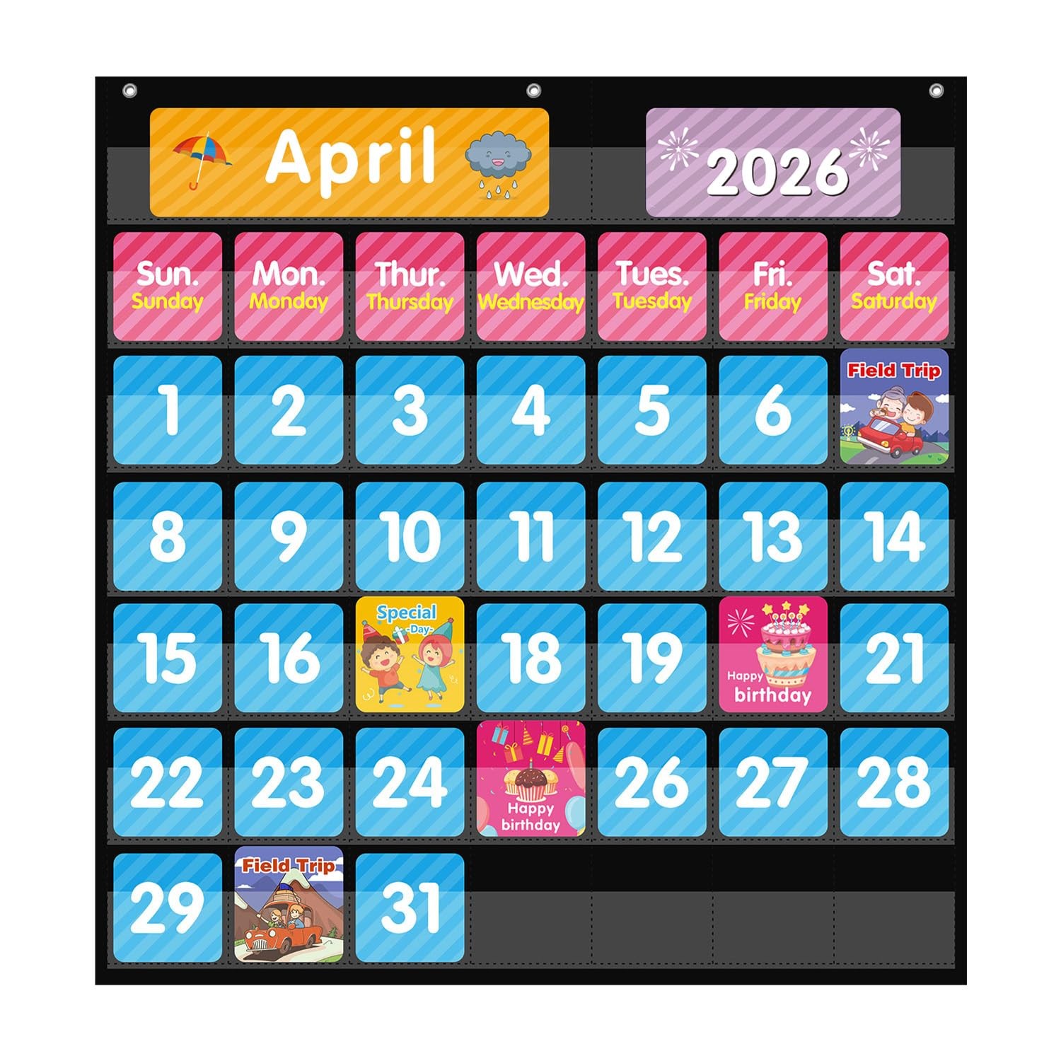 REGELETO Large 44 Pockets Calendar Pocket Chart for 44 Pockets, Black