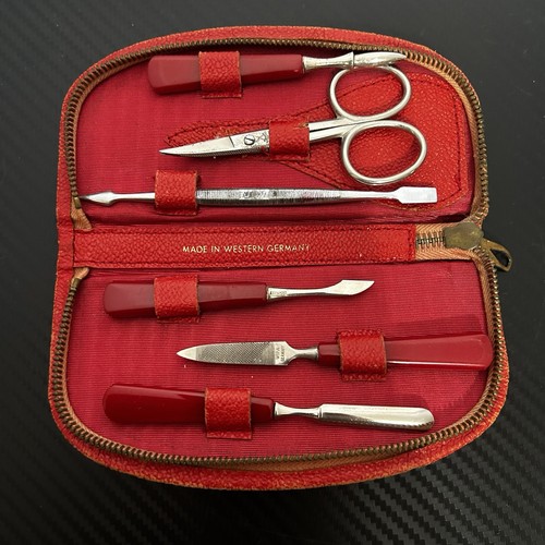 Vintage Germany 6 Piece Manicure Set With Red Leather Case