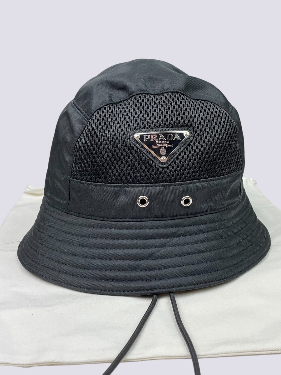 Prada Triangle Logo Nylon Mesh Panel Bucket Hat Black Size M | eBay