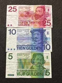 1968 1973 Netherlands Central Bank 5 10 & 25 Guilder Banknote Set Pre Euro