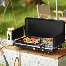 2-in-1 Portable Camping Stove Propane Grill with Enamel Griddle Wind Panel Black