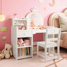 Kids Vanity Table & Chair Set w/ Mirror and Lights,Girls Makeup Desk with Drawer