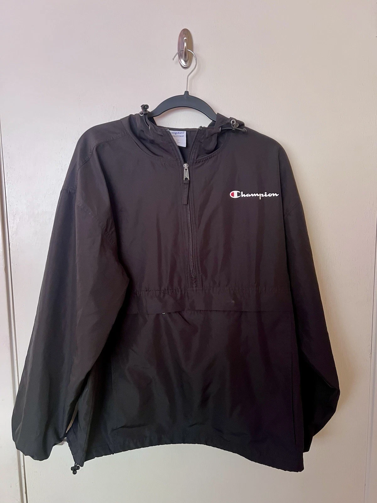 Champion Black Hooded Windbreaker Mens Large Pullover Half Zip Anorak image 1
