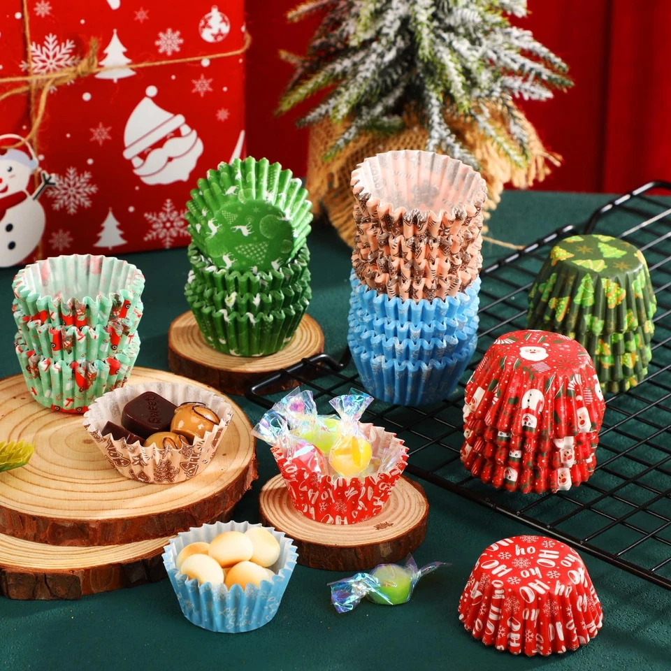 800 рождественских вкладышей для кексов AUGSUN бумажные конфеты чашки Санта-Клаус снеговик S... - Изображение 3 из 4
