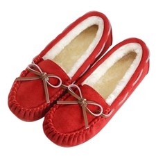 Women's Moccasin Slippers Micro Suede Warm Faux Fur Pile Lined Lace 11 Red01
