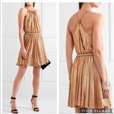 Halston Heritage Gold Metallic Pleated Halter Mini Dress Large Disco Cocktail