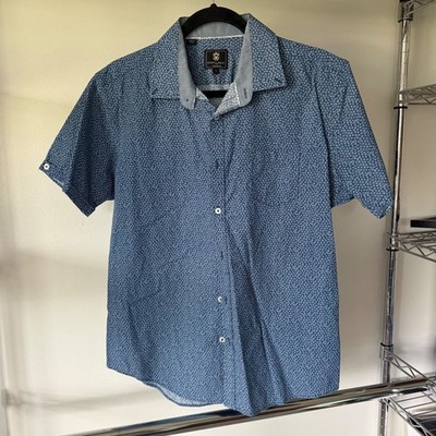 Steel & Jelly London Mens Large Blue Geometric Floral Short Sleeve Button Down