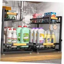 2 Packs Under Sink Organizer, Height Adjustable 2 Tier Under Kitchen sink Black