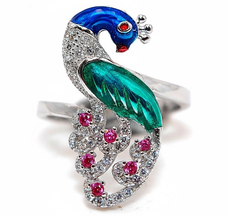 Peacock  Fire Garnet 925 Solid Sterling Silver Ring Sz 8 MM5-6