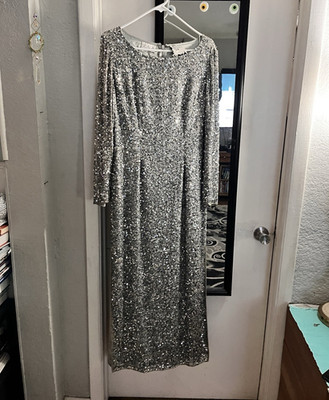 Vintage Scala Women s Silver Sequin Long Satin Gown Formal Dress Size 10