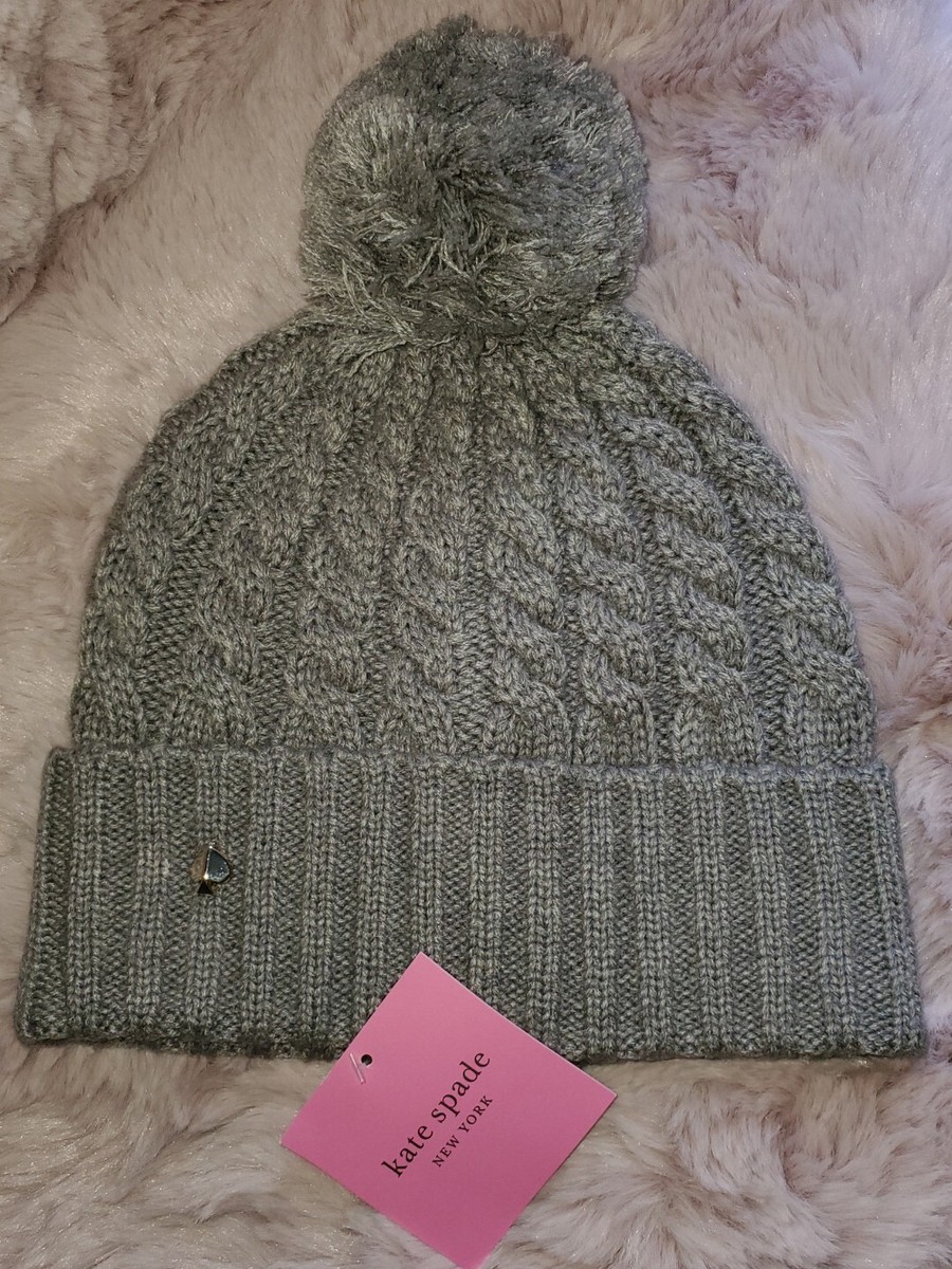 NEW Kate Spade Hat Beanie Gray Cable Knit Pom Pom Ball  display picture 3