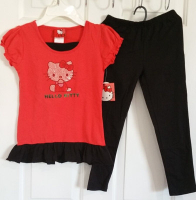 Hello Kitty Girls 2pc Short Sleeve Ruffle T-Shirt & Leggings Set Red/Black Sz 6