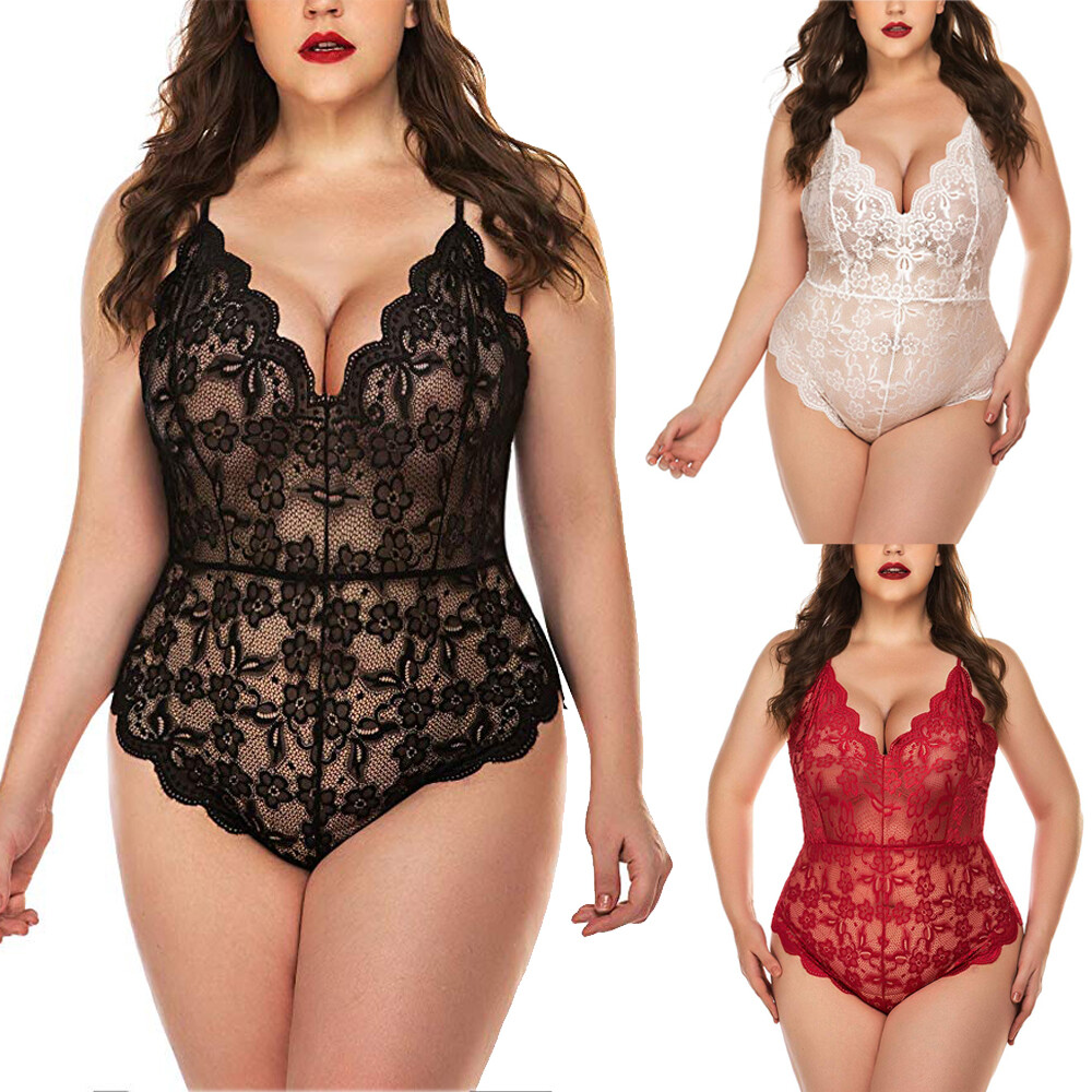 Women Sexy Lingerie Lace Bodysuit Deep V Teddy One Piece Lace Babydoll Nightwear