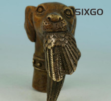 Old Bronze Hand Carved Dog Bitten Birds Statue Cane Walking Stick Head