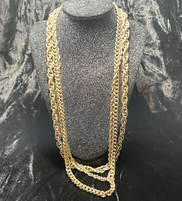NECKLACE vintage goldtone metal three long chains fancy fold over clasp unsigned