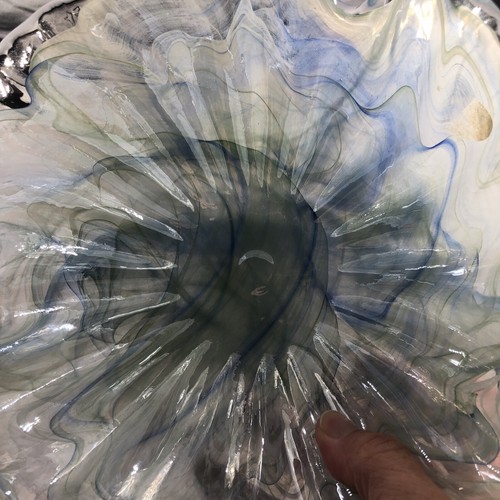 Italian Hand Blown Art Glass Blue Green Iridescent Swirl Handkerchief Bowl Dish - Picture 10 of 10