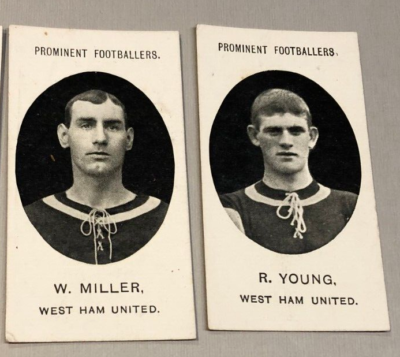 TADDY PROMINENT FOOTBALLERS CIGARETTE CARDS WEST HAM X2 WITH FOOTNOTE 1908