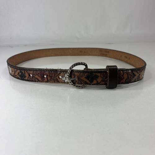 "MARGARET" Flower Embossed Brown Full Grain Cowhide Belt - Women's Size 28 - Picture 2 of 9