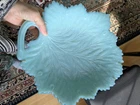 Vintage Fenton Glass Leaf Plate Dish Light Aqua Blue
