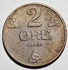 1921 NORWAY 2 ORE - Excellent Coin 