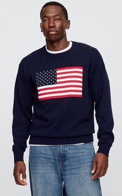NWT Gap Mens Relaxed Americana Sweater, Sz M, Navy Uniform, USA Flag, Pullover 
