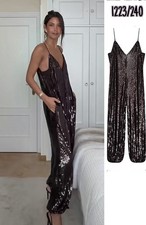 ZARA Woman Collection Sequin Jumpsuit V-Neck Spaghetti Strap Long New With Tags