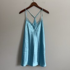 Light Blue Silky Babydoll Slip Dress Women M Lingerie Lace Y2K Top Coquette Soft