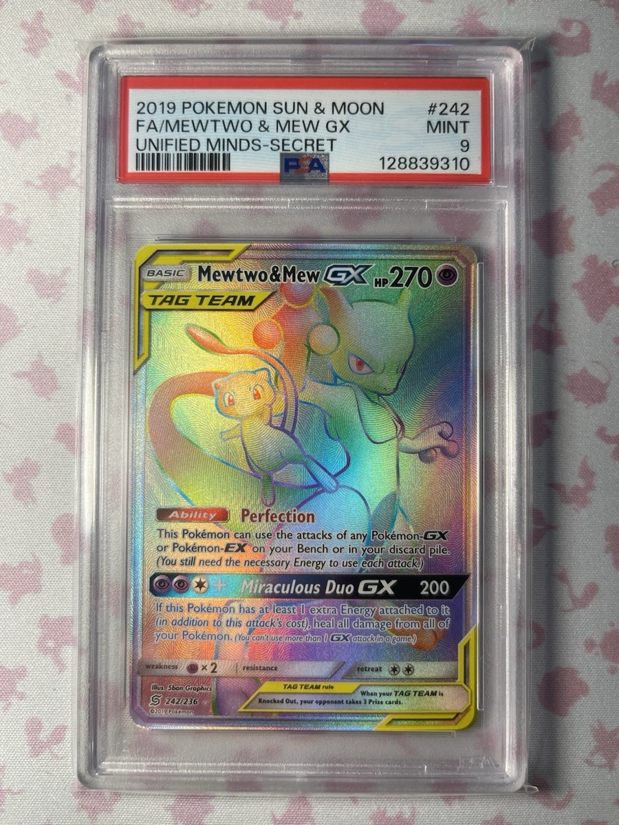 🌈2019 Pokémon Unified Minds Mewtwo & Mew GX #242/236 PSA 9
