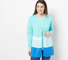 Denim Co. Size M Border Stripe Open Front L/S Cardigan LT. TURQUOISE A475384