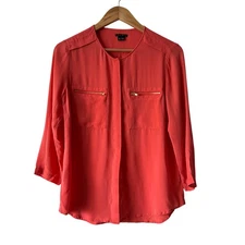 Theory Shirt Womens Medium Peach 100% Silk Henley Button Career Business Work