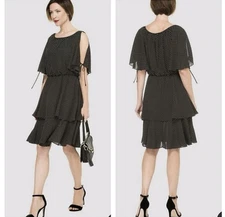 Joseph Ribkoff Navy Blue White Polka Dot Cold Shoulder Layered Mini Dress 12 New