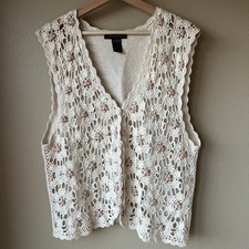 Vintage Crochet Floral Knit Vest Women  s XL Cream Button Granny CottageCore