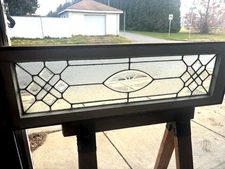 ~ ANTIQUE STAINED GLASS TRANSOM WINDOW BEVELED ETCHED ~ 44.75 X 14.5 ~ SALVAGE