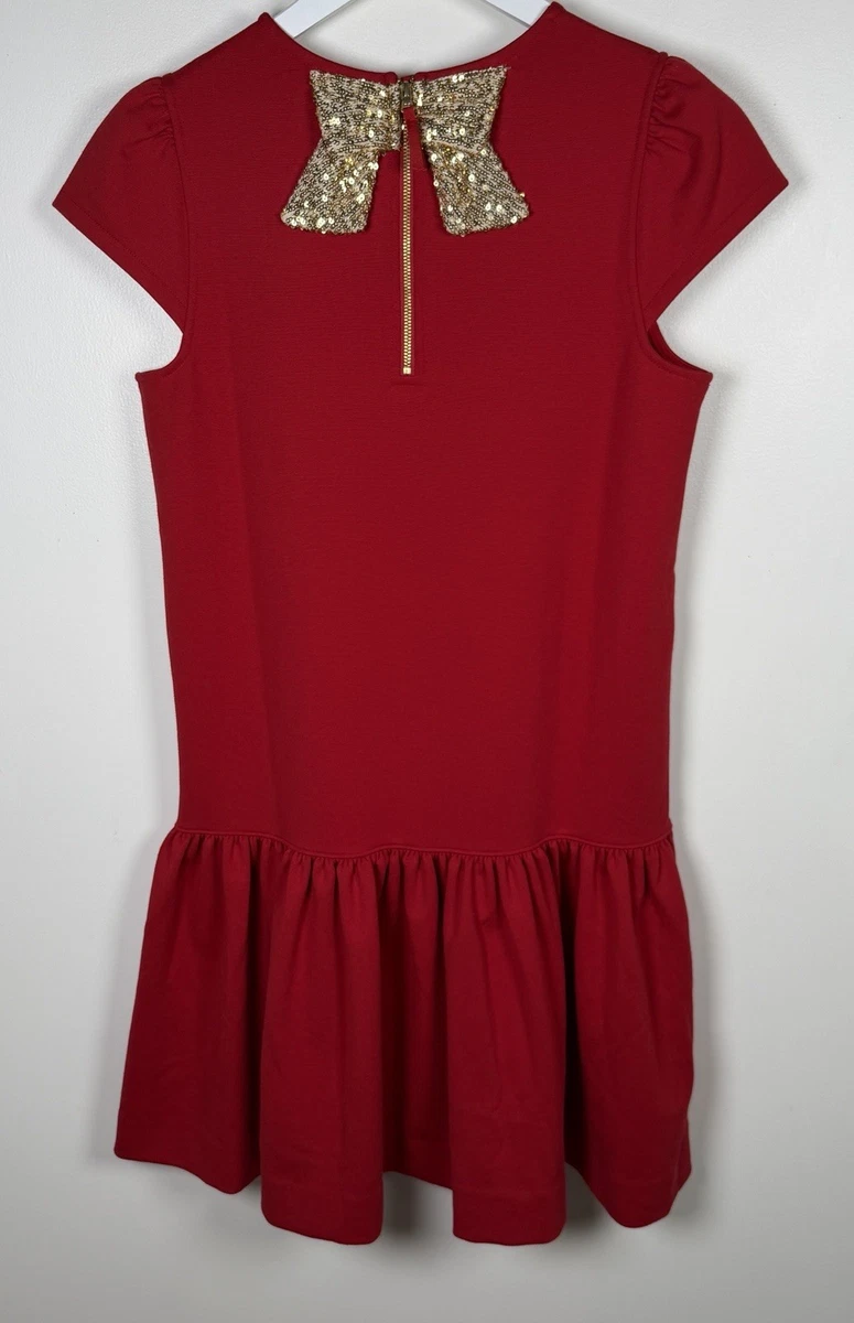 Vineyard Vines Big Kids Girls Size Large Maxine Red Ponte Dress Gold Sequin Bow