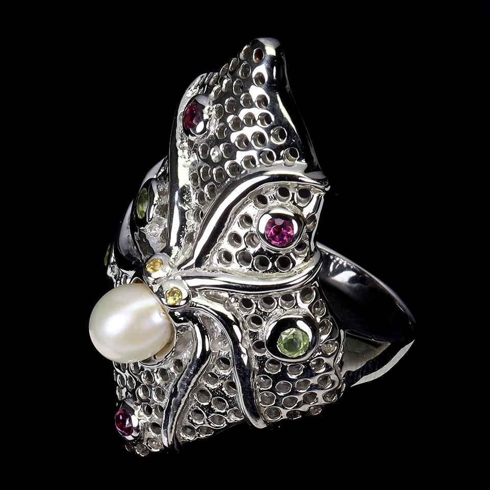 925 Sterling Silver Ring Round Peridot Rhodolite Sapphire Pearl Octopus Gemstone - Image 3 of 4