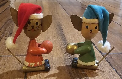 Vintage Christmas Mouse Santa Wooden Figure Handcrafted Mice MCM Lot Of 2
