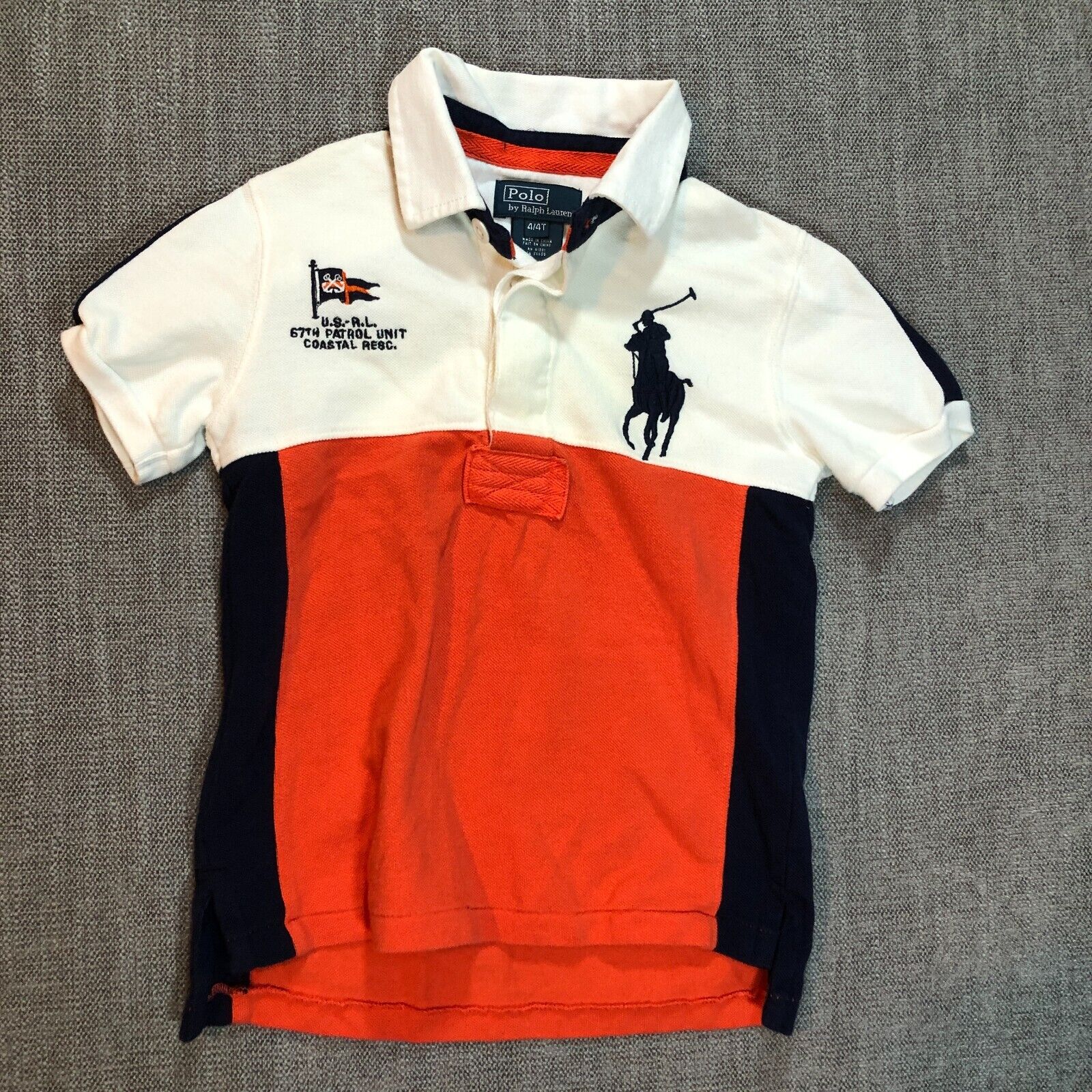 Polo Ralph Lauren Shirt Boys 4 4T White Orange Blue Big Pony Logo Coastal