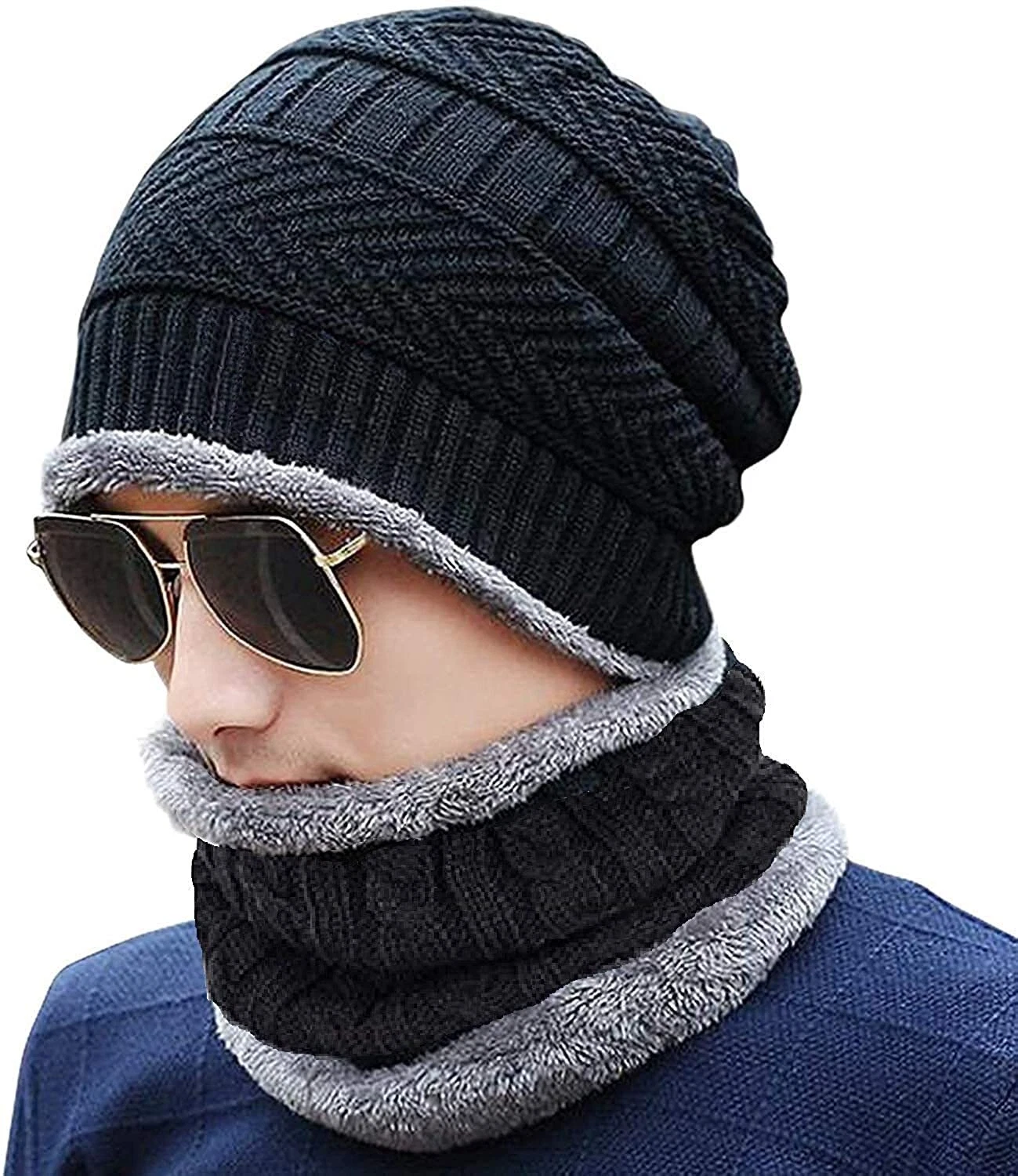 Ultra Soft Unisex Woolen Beanie Cap Plus Muffler Scarf Set For Warm Snow Proof