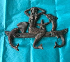 One, Mermaid/Dolphin Triple Wall Hook, cast iron, BEACH decor, porch, Towel