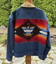 VINTAGE PENDLETON WESTERN WEAR DENIM & WOOL JACKET NATIVE Navajo Eagle SZ L
